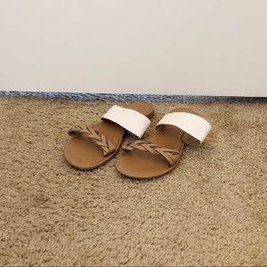 White and Tan Two Strap Sandals